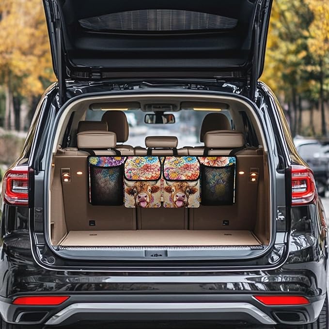 Highland Cow Print Car Trunk Organizer Hanging Car Organizer Back Seat, Hippie Flower Oxford Cloth Seat Back Storage Bag, Will Provide More Space for SUV, Trucks, Van, Sedan