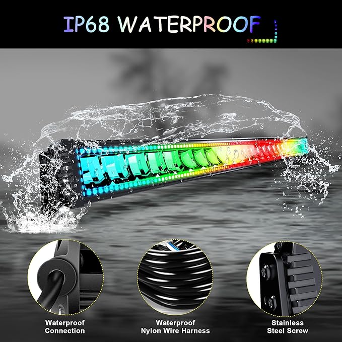 50" RGB LED Light Bar 2Pcs 4" Flood LED Pods with Multi-Color Chasing RGB Halo 16 Solid Colors Over 92 Flashing Modes Offroad Lights Driving Lamp Fog Lights with Switch Wiring Harness