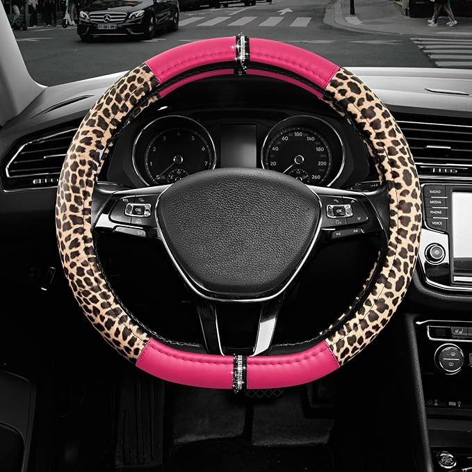 Road Comforts Leopard Steering Wheel Cover - Made with PVC Leather Cheetah Print, D-Shaped Automotive Steering Wheels - Anti-Slip, Universal Fit 14 1/2 inches to 15 inches - HotPink