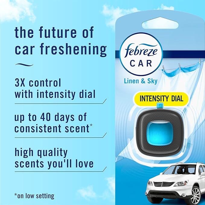 Febreze Car Air Freshener, Odor-Fighting Automotive Vent Clip, Scented Car Accessories, Long Lasting for Strong Odors, Linen & Sky Scent, 4 Count