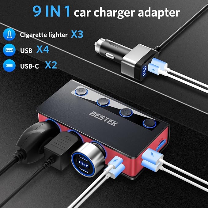 BESTEK 9 in1 Cigarette Lighter Splitter with 180W 3-Socket PD36W/65W Cigarette Lighter Adapter and QC3.0 18W Charging Ports, Car Cigarette Lighter for Dash Cam, GPS, iPad/Laptop/Phone