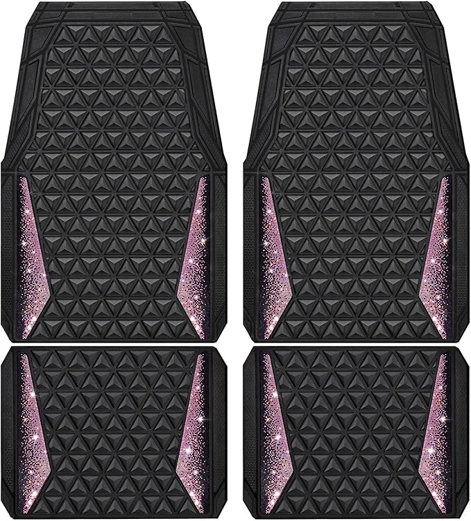 CAR PASS Bling Rubber Car Mats Diamond Floor Mats Full Set Anti-Slip 3D Rhombus Waterproof Universal Trim to Fit Liner Glitter Crystal Sparkly Shining Rhinestone Girl Women SUV Sedan Van, Black Pink