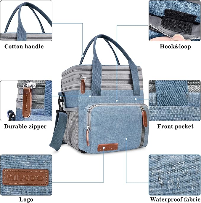 MIYCOO Lunch Bag & Lunch Box for Men Women, Double Deck Leakproof Insulated Soft Large Adult Camping Cooler bag for Work, Beach, Picnic, Travel (Blue, 15L)