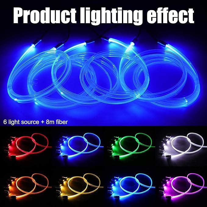 Car Interior Ambient Lighting Optic Fiber RGB 64 Colors Multicoloured Music Car Footwell Lighting Kit with Cigarette Lighter and App Microphone, DC 12V-24V 1W 8m