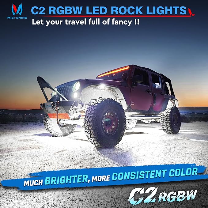 MICTUNING C2 Curved RGBW LED Rock Lights - 4 Pods Underglow Multicolor Neon Light with Wiring Switch Kit, Bluetooth Controller with APP Control