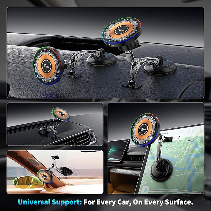 Magnetic Phone Holders for Your Car, 15W Fast Charging Car Charger, 2 in 1 Wireless Mag Safe Car Mount Stick on Dashboard Windshield, Car Accessories for iPhone 17/16/15/14/13/12 Series