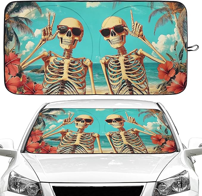 Funny Skull Beach Car Windshield Sun Shade Foldable Sunshade Front Window Cover Sun Visor Protector Accessories (59x27.5 inches)