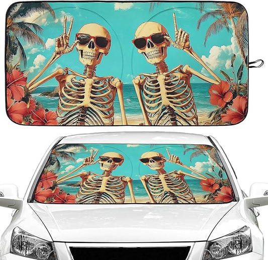 Funny Skull Beach Car Windshield Sun Shade Foldable Sunshade Front Window Cover Sun Visor Protector Accessories (59x27.5 inches)