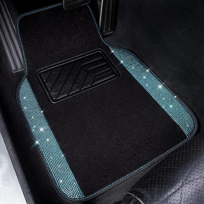 CAR PASS Bling Rhinestones Diamond Waterproof Car Floor Mat, Crystal Sparkly Shining Glitter Carpet, Anti-Slip PVC Heel Pad Universal for Interior Auto SUV,Sedan,Van,4pcs Girly Women Mint Teal Diamond