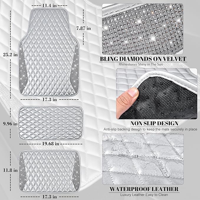 CAR PASS Bling Leather Car Mats Shining Diamond Floor Mats Crystal Rhinestone Sparkly Glitter Carpet Anti-Slip Waterproof Pad Universal Fit for Automotive SUV, Sedan, Van, 5pcs Girl Women Pure Silver