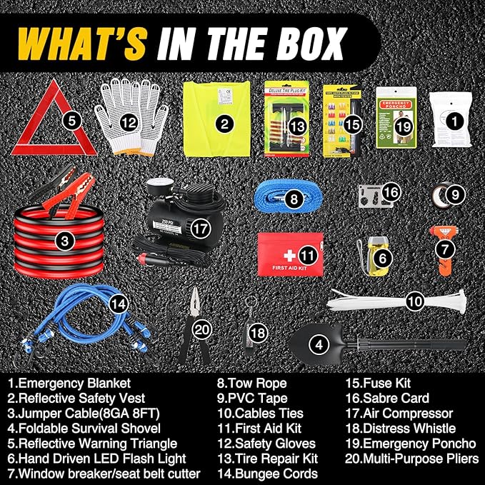 Nilight Car Emergency Kit with Jumper Cable Air Compressor Tire Repair Essential Tools First Aid Alligator Connector Electrical Kit for Travel Camping Outdoor Cars Truck SUV RV