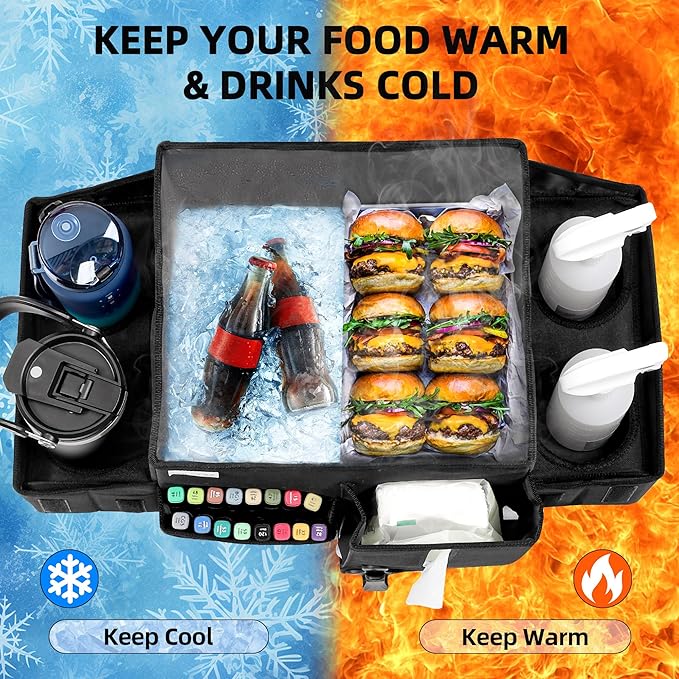 LUVHOMEE Car Organizers and Storage for Backseat & Front Seat - Collapsible Car Caddy w/Headrest Strap, Leakproof Cooler, Lid & Cup Holders | Fits Passenger Seat, Easy-Access Travel Snacks & Drinks