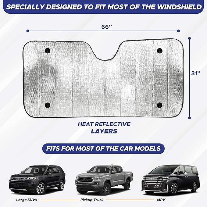 EcoNour Accordion Truck Windshield Sun Shade | Foldable Sun Visor with 4 Suction Cups | Reflective Automotive Windshield Shade Blocks UV Rays&Heat |Window Sun Blocker for Cool Interior - 66" x 31"