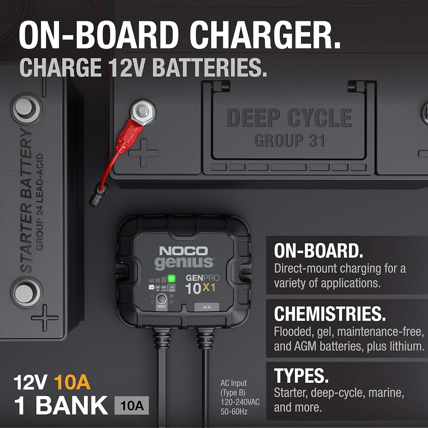 NOCO Genius GENPRO10X1: 1-Bank, 10A Onboard Battery Charger - 10A Per Bank, 12V Waterproof Marine Charger with Overcharge Protection & Temperature Compensation – for Lead-Acid & Lithium Batteries