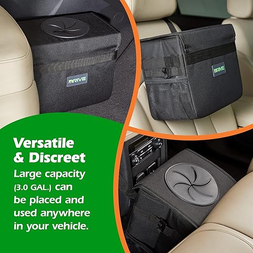 Drive - Car Trash Can - Collapsible, Leakproof Garbage Bin with 20 Trash Bags and Adjustable Strap - Car & Truck Accessories for Men and Women - Black, Large
