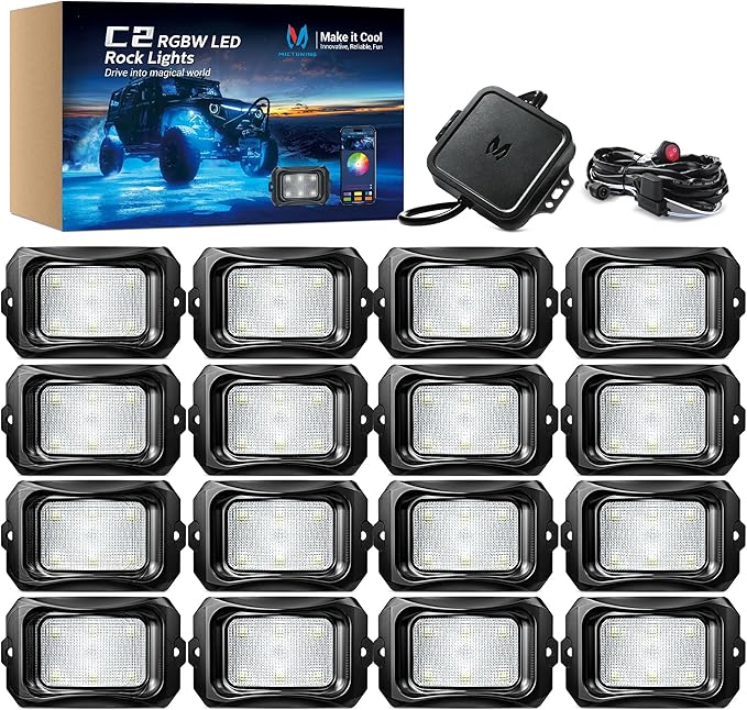 MICTUNING C2 Curved RGBW LED Rock Lights - 16 Pods Underglow Multicolor Neon Light with Wiring Switch Kit, Bluetooth Controller with APP Control
