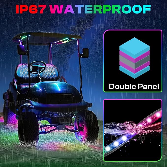 Drive-up 6 Pcs Golf Cart Underglow LED Light Strip Set with Canopy Lights, 12-85V Underbody Glow Neon Lighting Fit Yamaha, EZGO, Club Car Golf Carts with 28 Modes, Wireless Remote Control, Music Sync