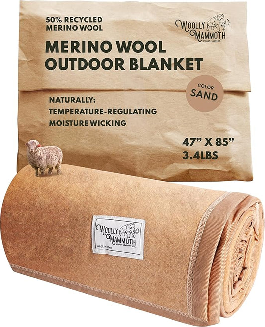 Woolly Mammoth Woolen Company Wool Blanket - 85 x 47 in, Sand, 50% Blended Wool Blankets - Backpacking & Cold-Weather Camp Throw - Stadiums, Hikes, Backyards - Emergency Wrap for Survival Kits