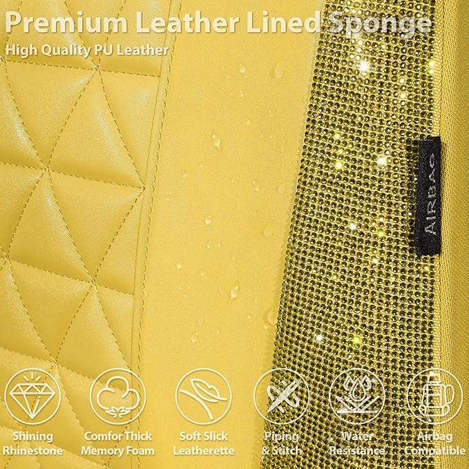 CAR PASS Yellow Bling Diamond Leather Car Seat Cover Full Sets,Waterproof Shining Glitter Sparkly Crystal Universal Fit for Automotive Truck SUV Cute Women Girl Airbag Compatable,All Yellow Rhinestone