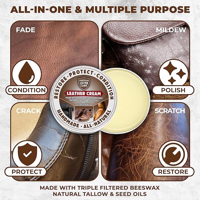 European Leather Care 4 oz Cream Leather Cleaner and Conditioner All Natural Leather Boots Leather Maintenance Cream Leather Conditioner Shoe Polish, Leather Couch, Furniture, Purses, Car, Saddle USA