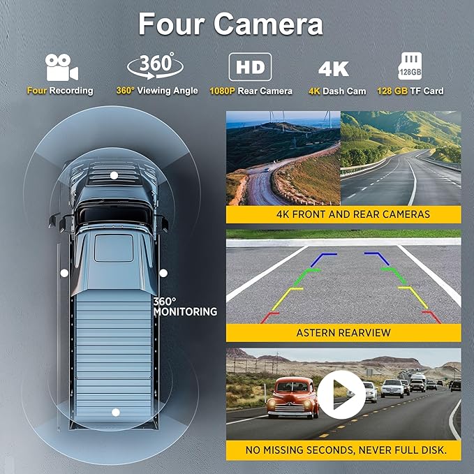 ASLONG 10.36" Wireless CarPlay Screen for Car & 4K 4CH Dash Cam with Android Auto, Portable HD Touchscreen Car Stereo with 1080P Backup Camera, GPS Navigation Mirror Link for Semi Trailer Truck