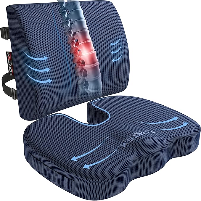 FORTEM Seat Cushion, Office Chair Cushion, Lumbar Support Pillow for Office Chair, Memory Foam Sciatica Coccyx Tailbone Pressure Pain Relief, Car Sitting Pad, Washable Non Slip