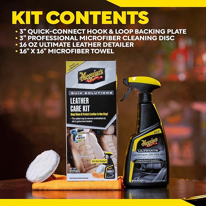Meguiar's Leather Care Kit,This Car Care Kit Includes a Premium Car Leather Cleaner and Conditioner, Drill Backing Plate, Cleaning Disc, Microfiber to Effectively Deep Clean, Nourish & Protect, Kit