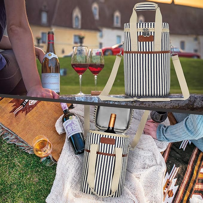 Opux 4 Bottle Insulated Wine Cooler Bag - Portable, Leakproof Padded Carrier for Travel, Picnic, BYOB - Navy White Stripe