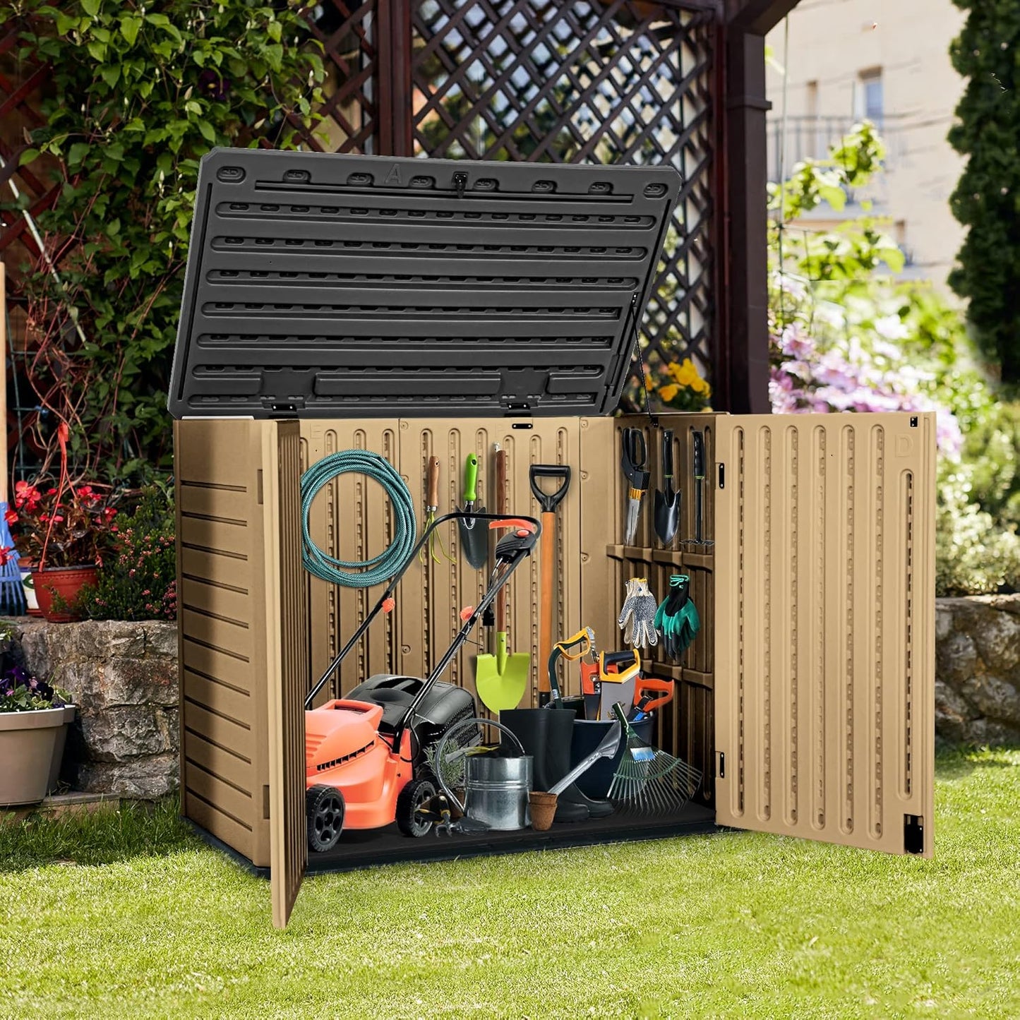 YITAHOME Outdoor Resin Storage Sheds, 39 in Height Lockable Waterproof Horizontal Shed w/o Shelf, Easy to Assemble Shed Storage for Garden Tools, Brown