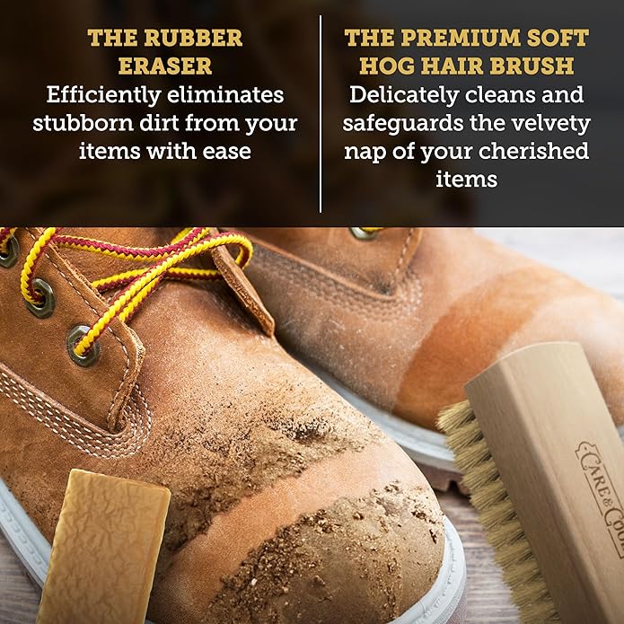 Care & Cool Suede and Nubuck Cleaning Premium Hog Hair Brush 3.94"x1.38" and Rubber Eraser - Gentle Cleaning, Nap Restoration - Ideal for Suede, Nubuck, Leather, Canvas, Knit