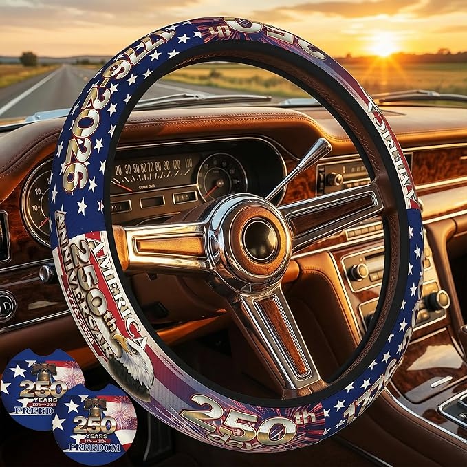 Anniversary American Flag Steering Wheel Cover Anniversary American USA Flag Steering Wheel Cover Car Men Breathable Universal for 14-15 Inch Anti-Slip 2 Pieces Car Coasters