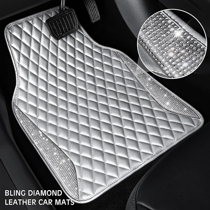 CAR PASS Bling Leather Car Mats Shining Diamond Floor Mats Crystal Rhinestone Sparkly Glitter Carpet Anti-Slip Waterproof Pad Universal Fit for Automotive SUV, Sedan, Van, 5pcs Girl Women Pure Silver
