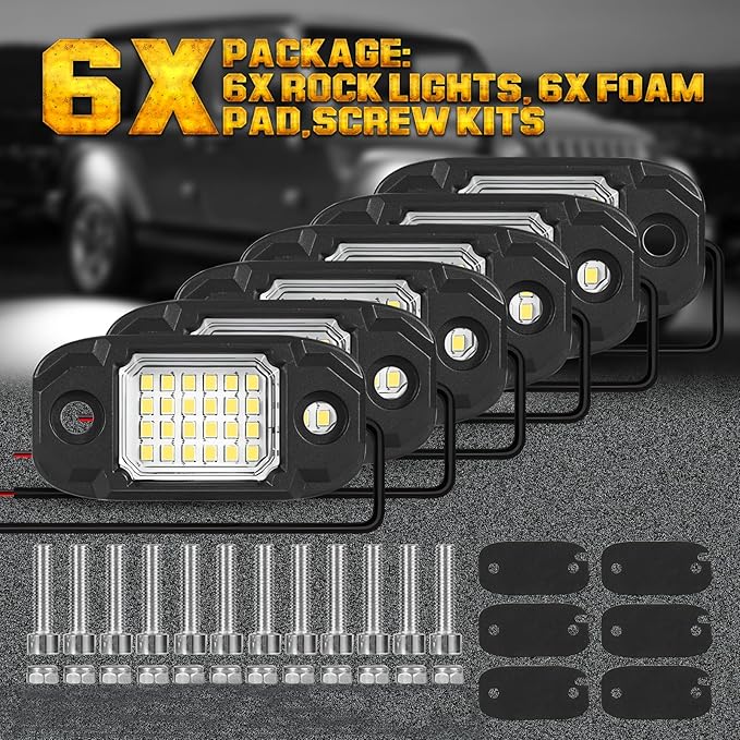 6Pods White Rock Lights 24 LEDs Chips Neon Trail Rig Lamp Underglow Lighting for Cars Trucks SUV ATV (White)