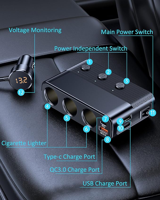 LIHAN 7-1 Cigarette Lighter Splitter,12V/24V Car Charger Adapter with 3 Socket Expander,PD30W Type-C,QC3.0 & Dual USB Ports,Independent Switches,Voltage Display,3.3FT Extension Cord fit Truck RV SUV