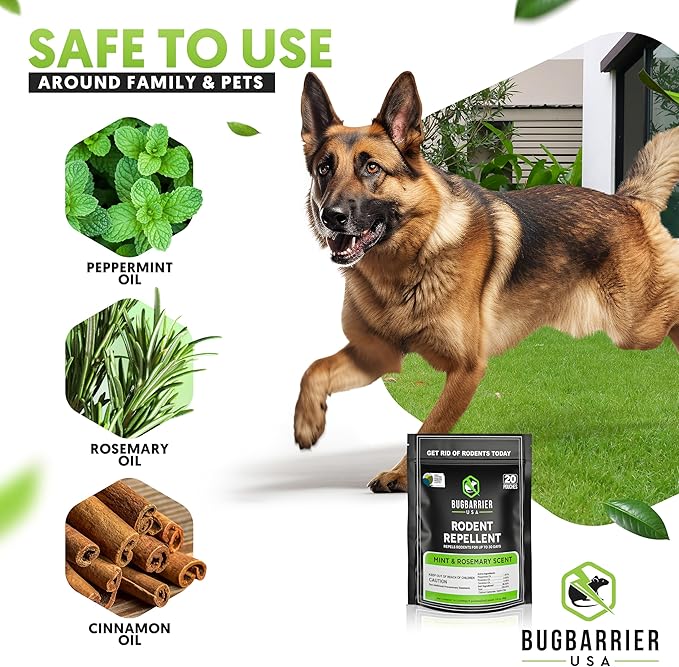BugBarrier's Extra-Strength Mouse Repellent Deterrent Pouches, USDA 99% Biobased, Peppermint & Rosemary Oils Repel Mice Nesting in Car, RV, Boat, Garage, Shed, Cabin Made in The USA (Pack of 20)