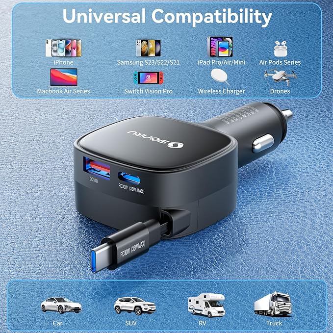 84W Max Retractable Fast Car Charger, Dual PD 33W USB C Car Charger, Cigarette Lighter Adapter with Built-in Retractable Cable for iPhone15/16/17, Samsung, Android, Equipped with a 31.5 inch Cable