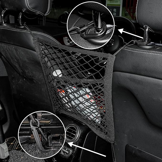 3-Layer Car Mesh Organizer Storage Bag Between Front Seats Kid Dog Pet Net Barrier Car Net Pocket Elastic Tissue Purse Holder Netting Pouch for SUV, Truck, Van 15.7" x 13.7"