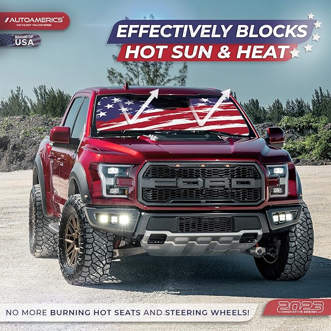 Autoamerics 1-Piece Windshield Sun Shade USA Art Flag - 2 American Design - Foldable Car Front Window Sunshade for Most Sedans SUV Truck - Blocks Max UV Rays and Keeps Your Vehicle Cool - Medium