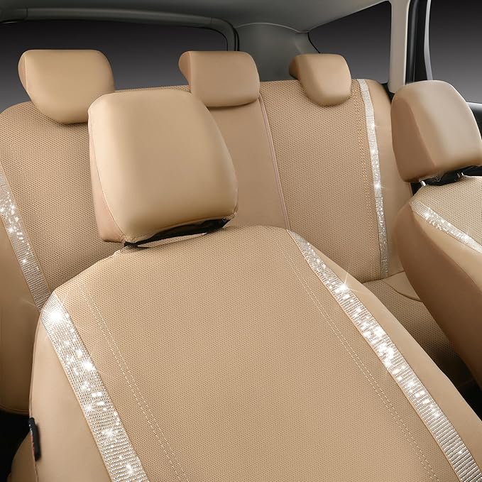 CAR PASS Bling Diamond Car Seat Covers Full Set, Shining Glitter Rhinestone Waterproof Faux Leather Interior Sets Universal Fit Automotive Glitter Crystal Sparkle Strips for Cute Women Girl, Beige