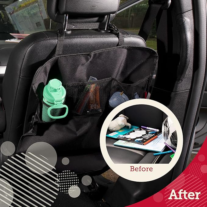 Lusso Gear Seat Back Protector - 2-Pack Kids Kick Mat & Car Seat Organizer - Waterproof Oxford Backseat Cover - 3 Mesh Pockets for Car Organization, Black