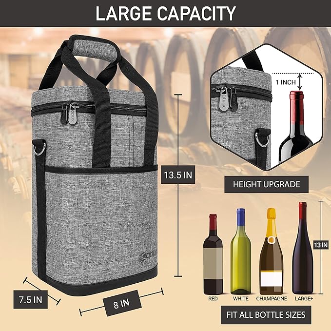 Opux 4 Bottle Insulated Wine Cooler Bag - Leakproof Padded Portable Wine Bottle Tote for Travel Picnic BYOB - Heather Gray