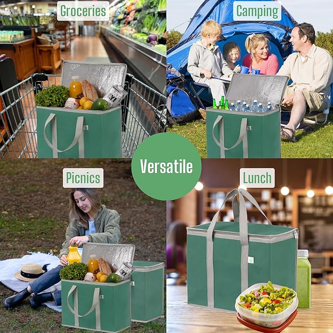 VENO 3 Pack Cooler Bag Insulated Reusable Grocery Shopping Bag, Food Delivery, Heavy Duty, Large Size, Durable Handles, Double Zippers, Lid, Collapsible (Green, 3 Pack)