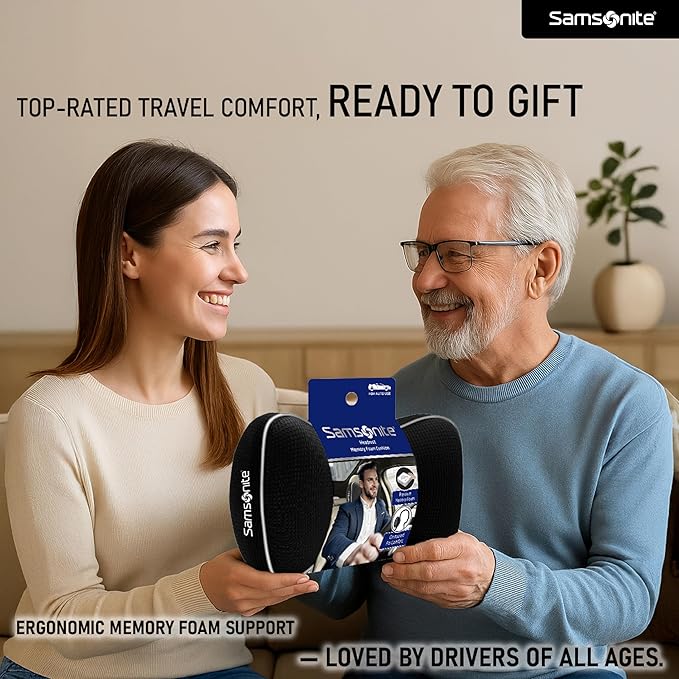 Samsonite Car Neck Pillow, Soft Memory Foam Headrest Pillow for Driving, Ergonomic Car Seat Headrest Cushion with Adjustable Strap, Breathable & Removable Cover, Neck Pain Relief, Black