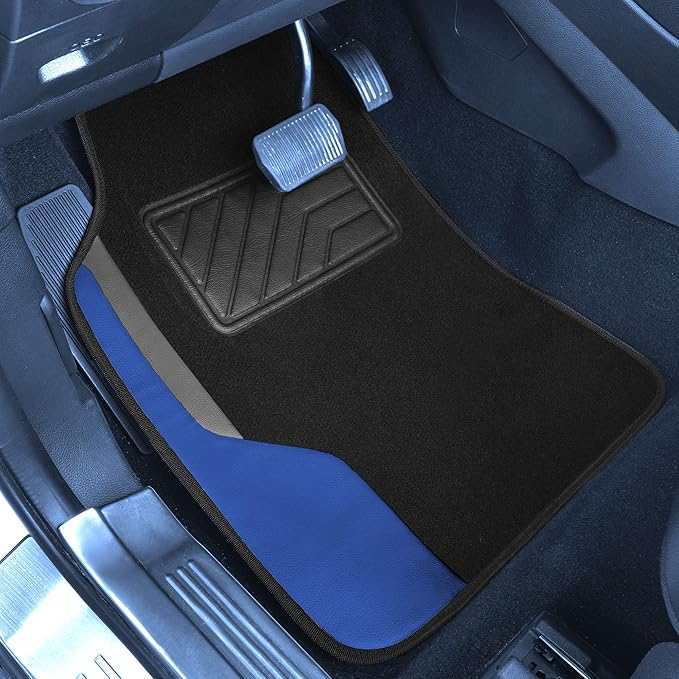 FH Group Color-Block Carpet Car Floor Mats – Non-Slip, Faux Leather Accents, Universal Fit for Sedan, SUV & Truck – Full Set Blue