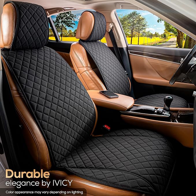 IVICY Faux Linen Front Car Seat Cover – Durable, Non-Slip Seat Protector for Cars – 1 Unit, Black