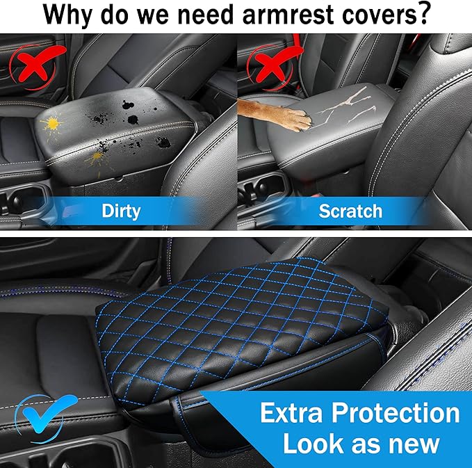 Center Console Cover for Jeep Wrangler JL 2018-2026 & Gladiator JT 2020-2026 1.2in Thickness Armrest Cover Leather Arm Rest Lid Protector Cushion Pad with Stroage Pockets Interior Accessories (Blue)