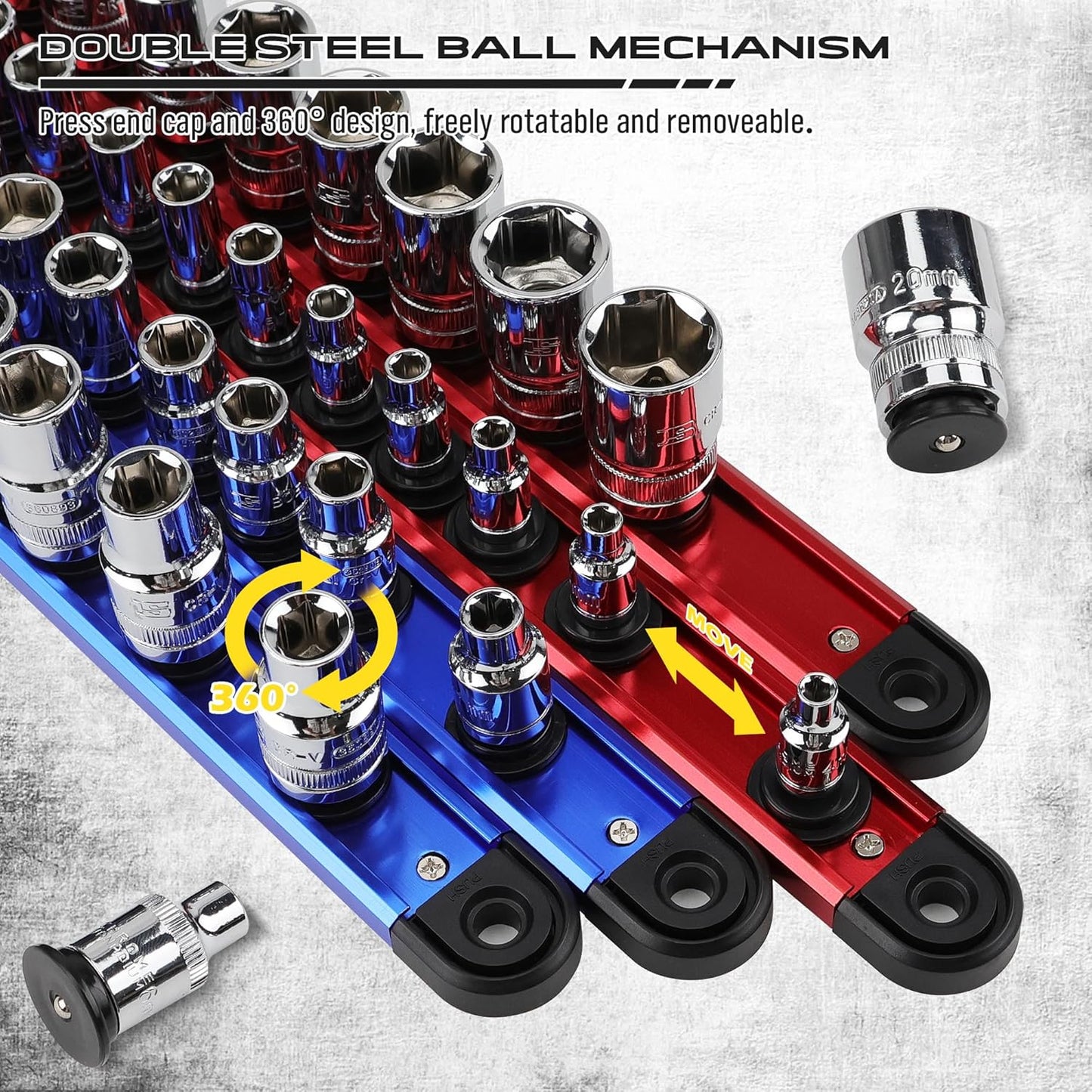 Magnetic Socket Holder Organizer Set: 6-Piece Detachable 1/4, 3/8, 1/2 Socket Trays Socket Organizer for Tool Box Drawer Holds 80-Piece Standard Size Sockets for Automotive Mechanic Garage(Red Blue)