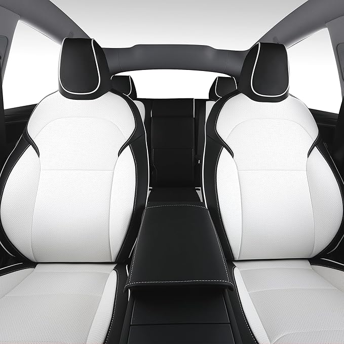 Custom Fit Seat Covers for 2025 2026 Tesla Model Y Juniper (5-Seater) - Ventilated Seats & Rear Screen Compatible - Nappa Leather Full Set Car Seat Protectors (Black+ White, Model Y 2025)