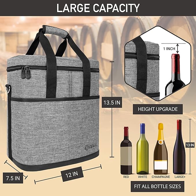opux 6 Bottle Carrier Tote | Insulated Padded Wine Cooler Bag for Travel. Picnic, BYOB | Portable Leakproof Wine Tote Bag for Dinner, Party, Christmas, Wine Gift for Women, Men (Heather Gray)