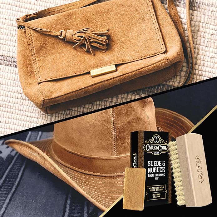 Care & Cool Suede and Nubuck Cleaning Premium Hog Hair Brush 3.94"x1.38" and Rubber Eraser - Gentle Cleaning, Nap Restoration - Ideal for Suede, Nubuck, Leather, Canvas, Knit